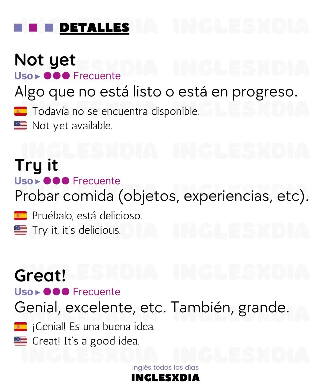 Curso de inglés en línea: frases en inglés y español cortas · Great, not yet...