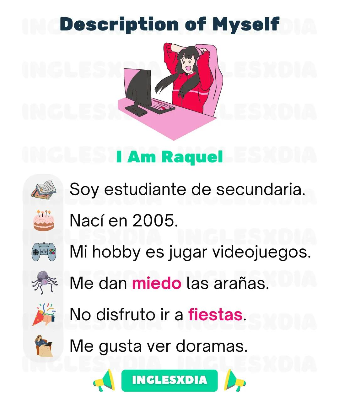 Curso de inglés en línea: Description of Myself · I Am Raquel