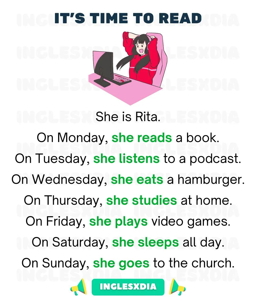 Curso de inglés en línea: Lectura básica · Rita's routine